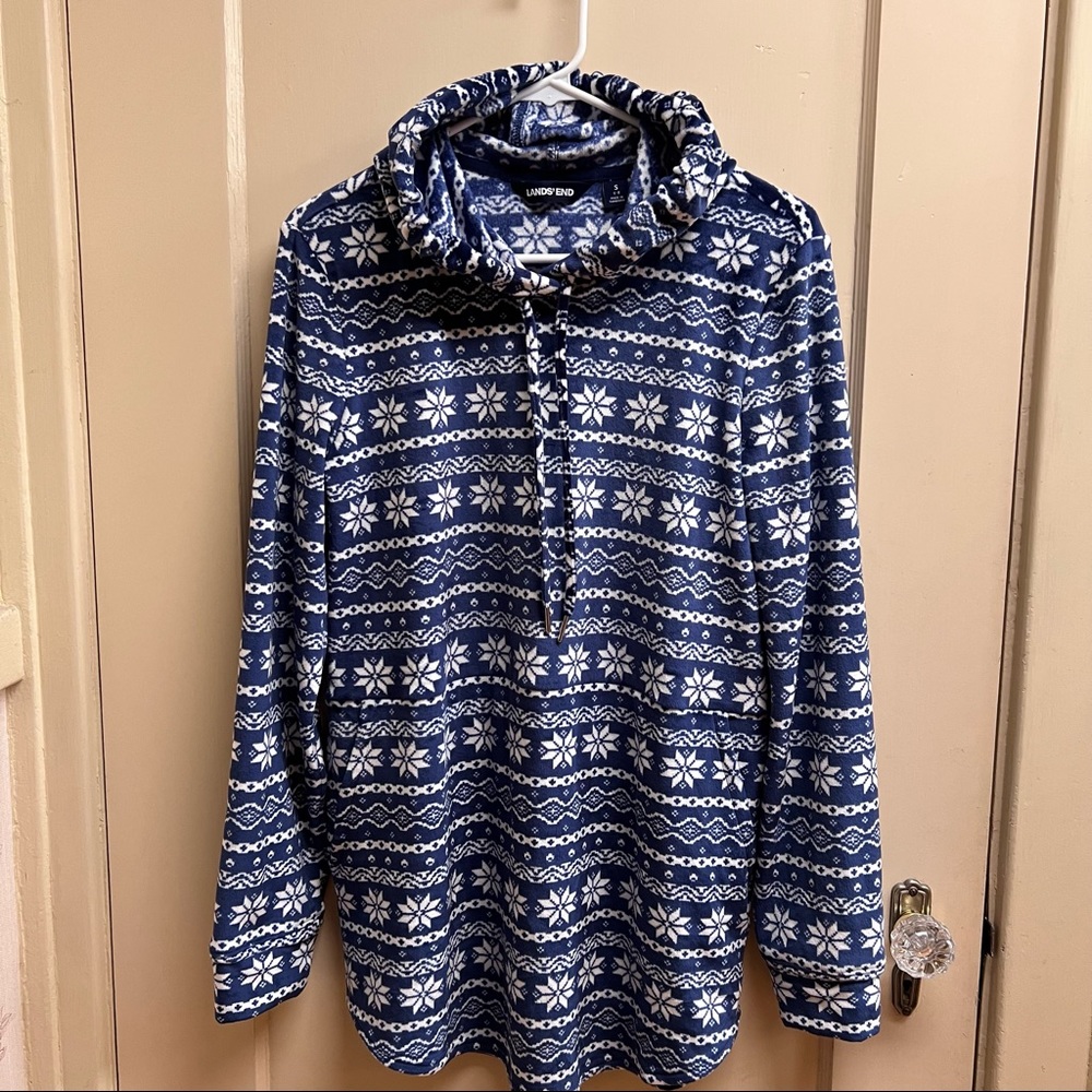 Lands End Womens velour fleece long tunic pullover w/ hood fair isle snowflake S